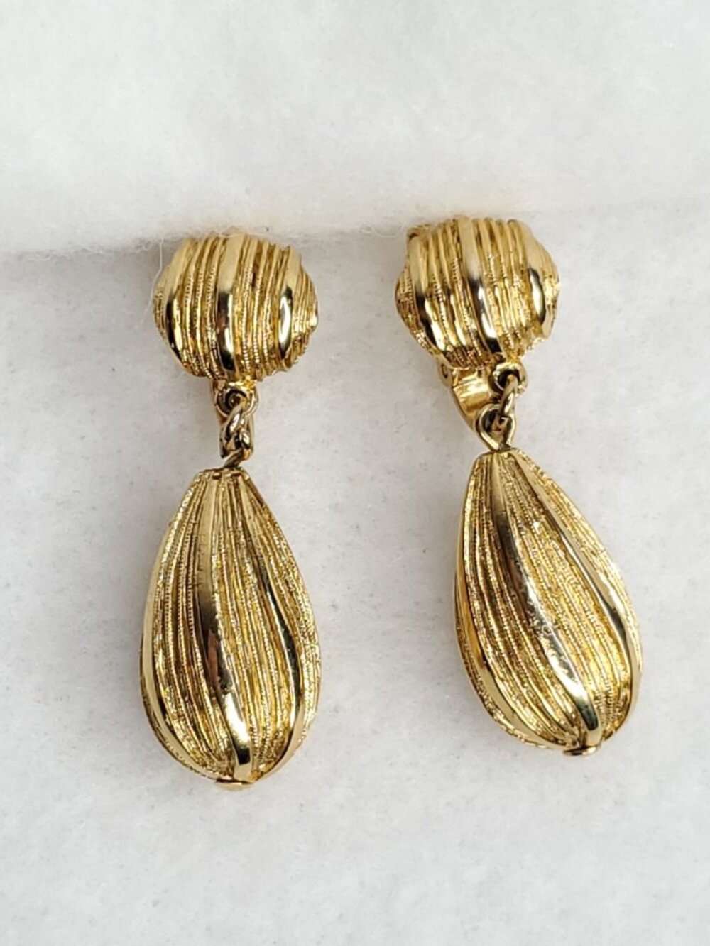 Trifari Gold-Tone Ribbed Drop Clip-On Earrings